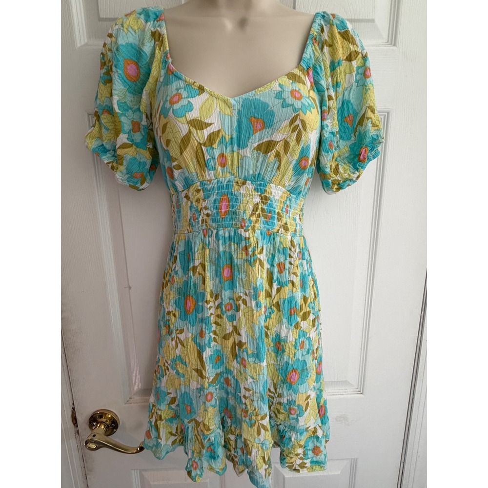 Billabong Floral Smocked Mini Dress Blue Yellow Crinkle Puff Sleeve XS